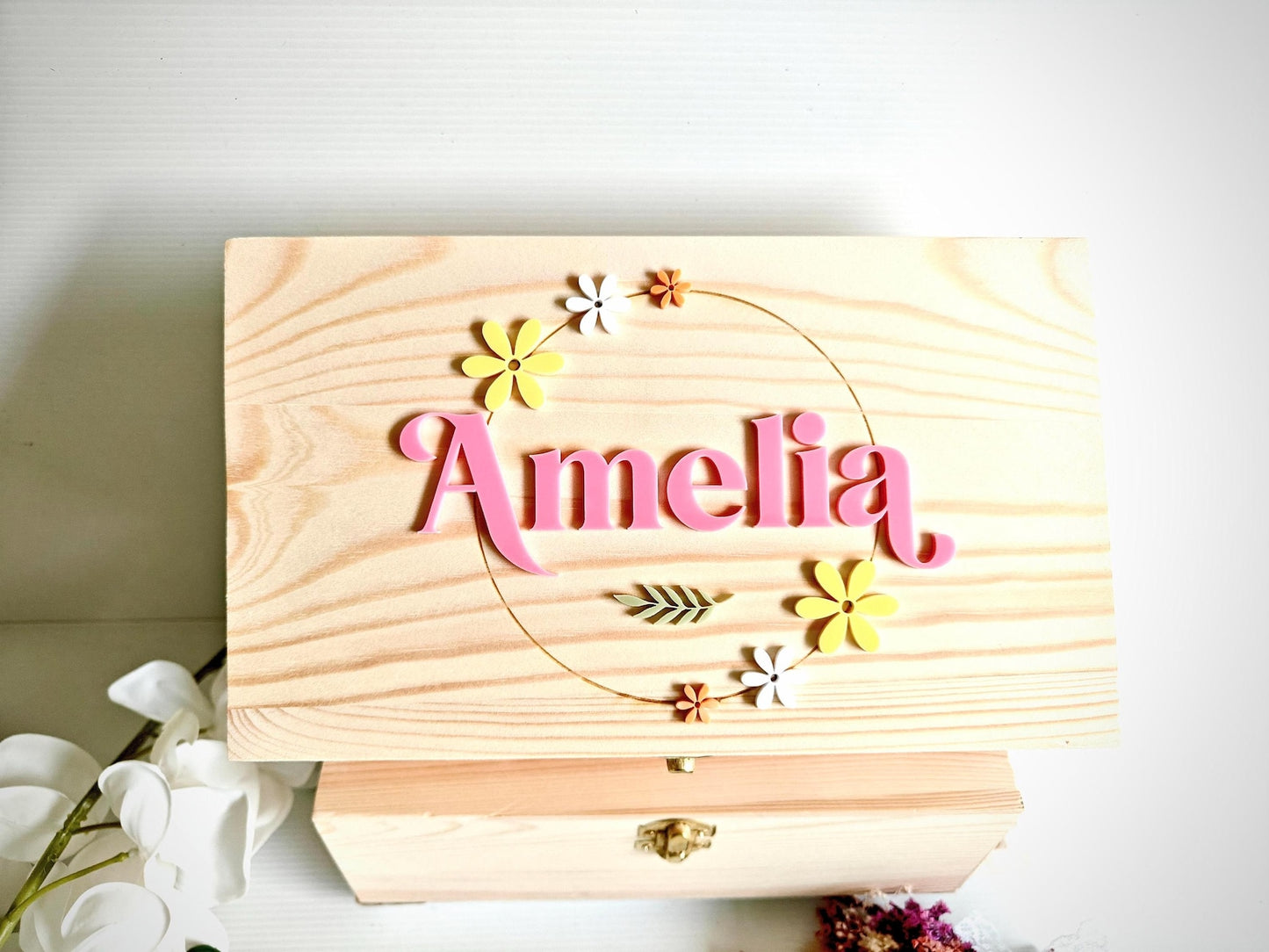 Personalised Baby Keepsake Box | Wooden Memory Box for Newborns | Daisy Keepsake