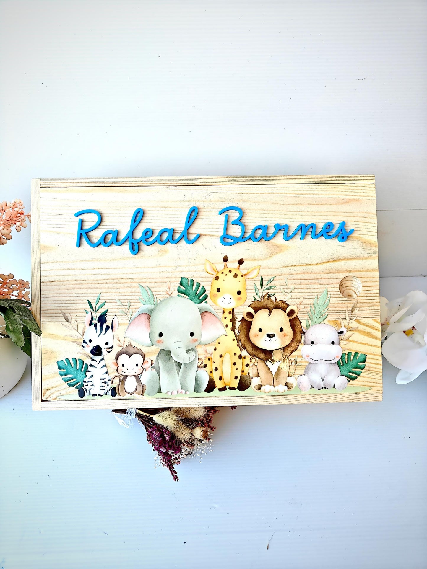 Personalised Animal Baby Keepsake Box, Wooden Memory Box for Newborn, Custom Engraved Baby Gift