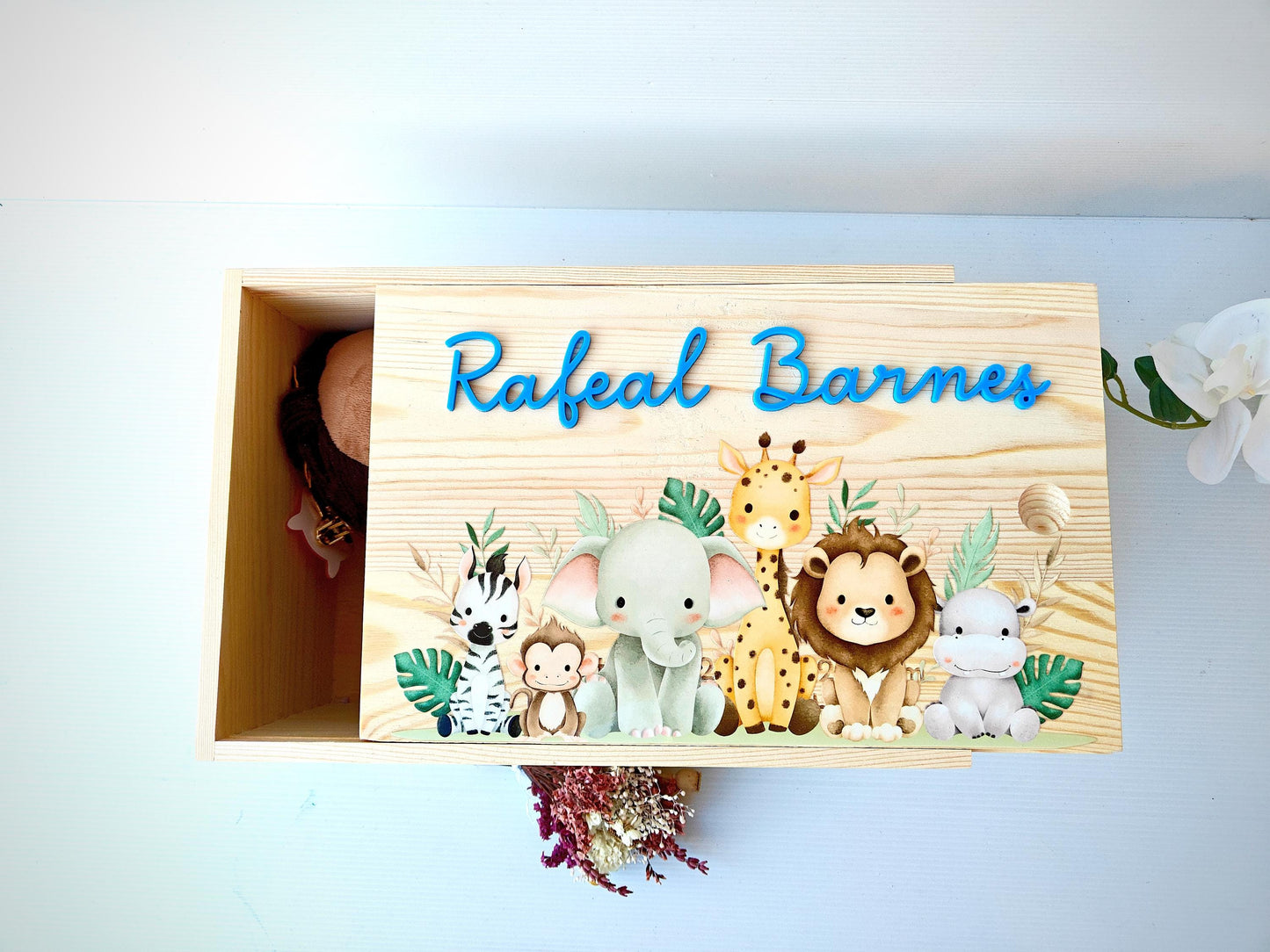 Personalised Animal Baby Keepsake Box, Wooden Memory Box for Newborn, Custom Engraved Baby Gift