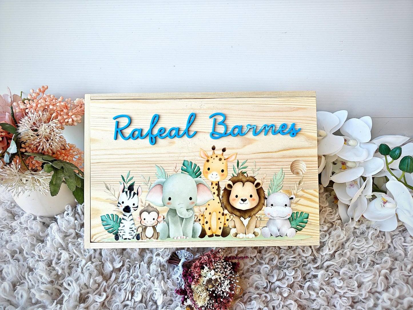Personalised Animal Baby Keepsake Box, Wooden Memory Box for Newborn, Custom Engraved Baby Gift