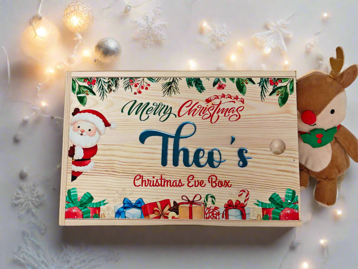 Wooden Christmas Eve box with festive design and 'Theo's Christmas Eve Box' text, surrounded by Christmas decorations.