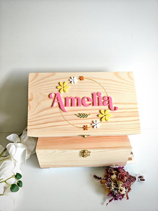Personalised wooden baby keepsake box with name and birth details