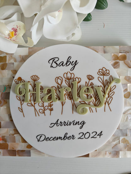 Pregnancy Announcement Plaque with Acrylic Name and floral design