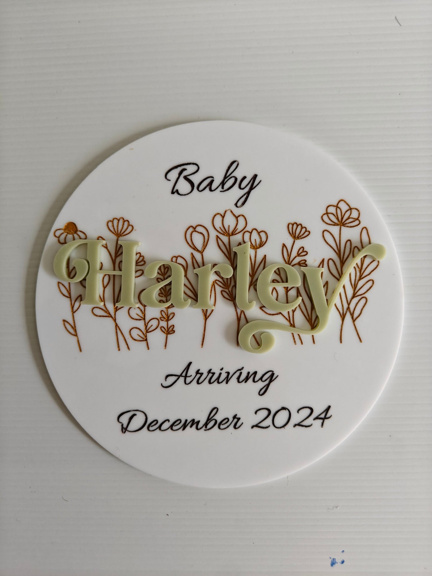 Pregnancy Announcement Plaque with Acrylic Name and floral design