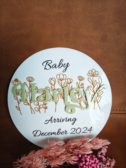 Pregnancy Announcement Plaque with Acrylic Name and floral design