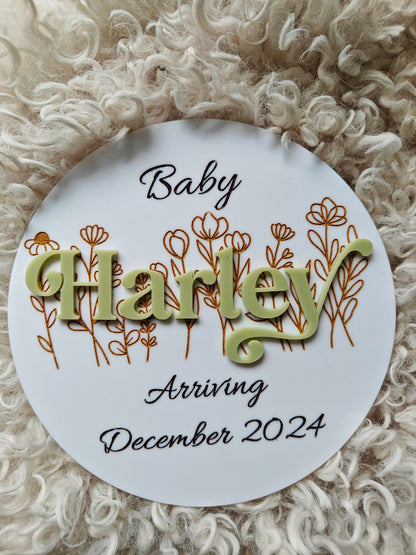 Pregnancy Announcement Plaque with Acrylic Name and floral design