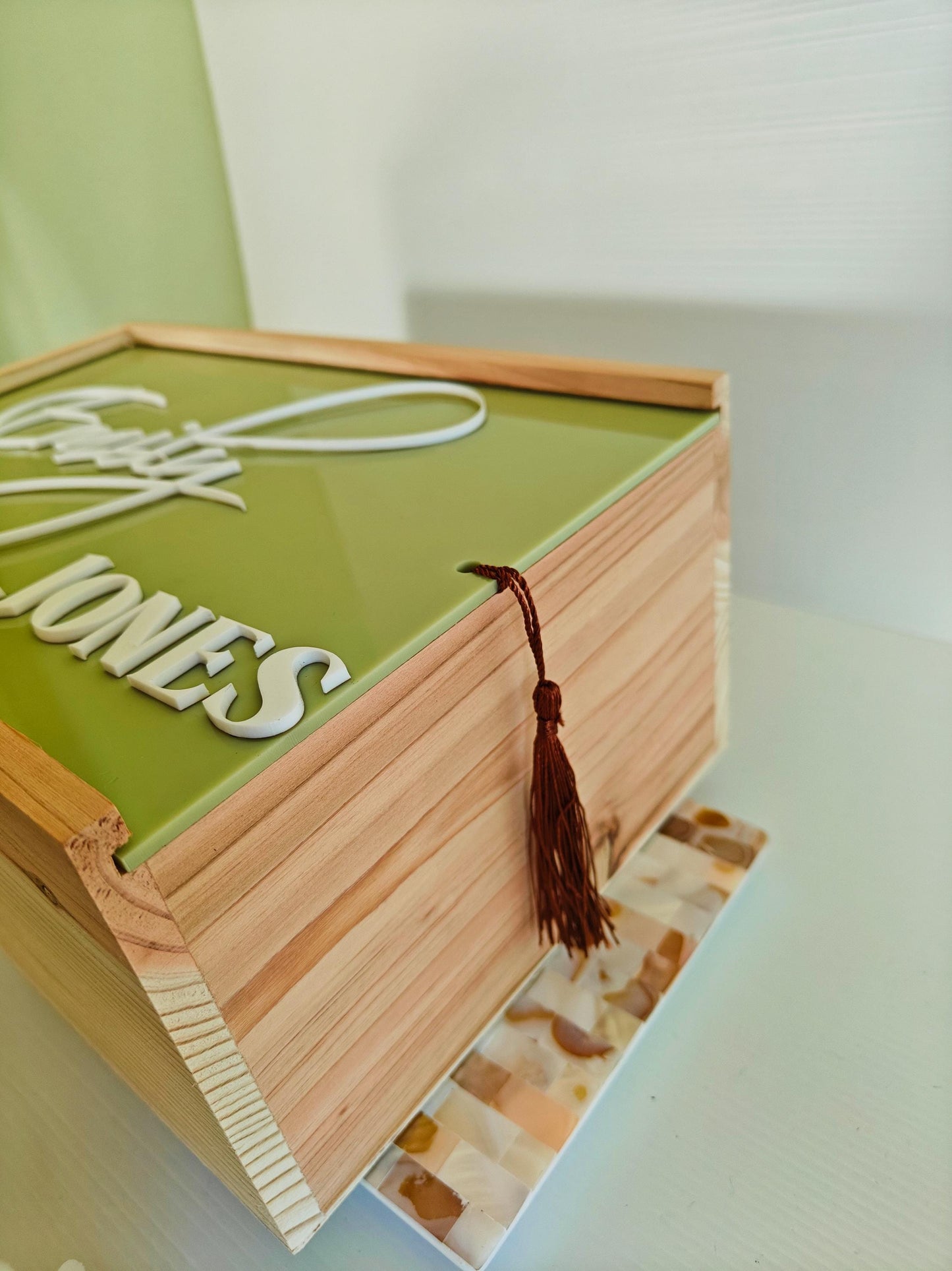 Personalized wooden keepsake box with sliding lid