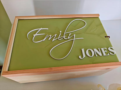 Personalized wooden keepsake box with sliding lid