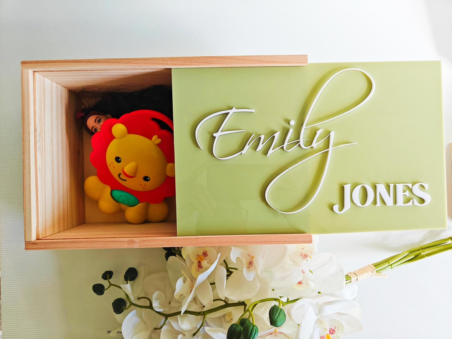 Personalized wooden keepsake box with sliding lid