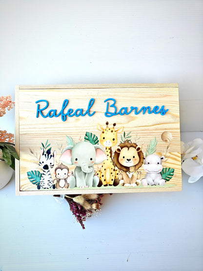 Personalised Animal Baby Keepsake Box, Wooden Memory Box for Newborn, Custom Engraved Baby Gift