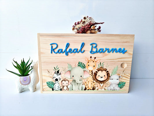 Personalised Animal Baby Keepsake Box, Wooden Memory Box for Newborn, Custom Engraved Baby Gift