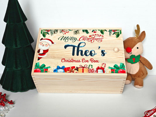 A wooden Christmas Eve box with a sliding lid, personalised with a name and a 'Special Delivery from the North Pole' design.