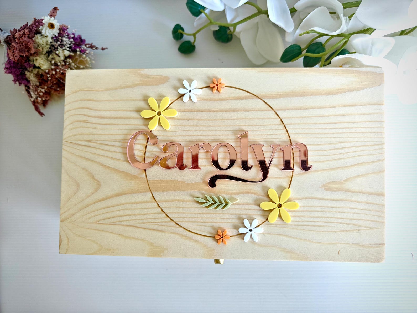Inside of a large wooden infant keepsake box