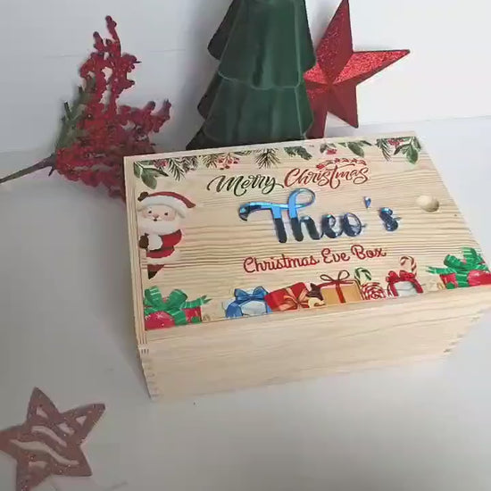 A wooden Christmas Eve box with a sliding lid, for family and kids.