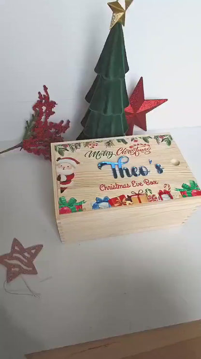 A wooden Christmas Eve box with a sliding lid, for family and kids.