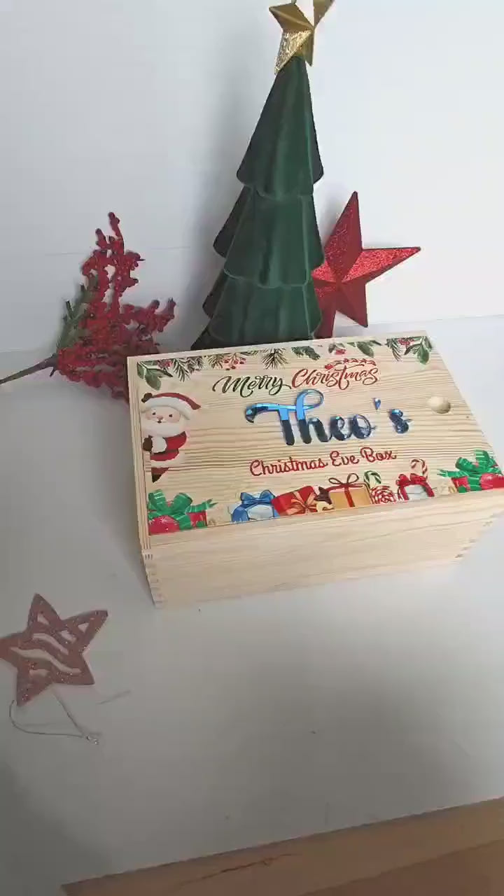 A wooden Christmas Eve box with a sliding lid, for family and kids.
